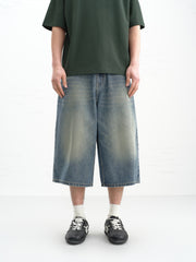 Men's casual wide-leg denim mid-length pants