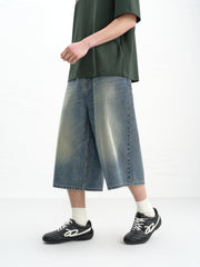 Men's casual wide-leg denim mid-length pants