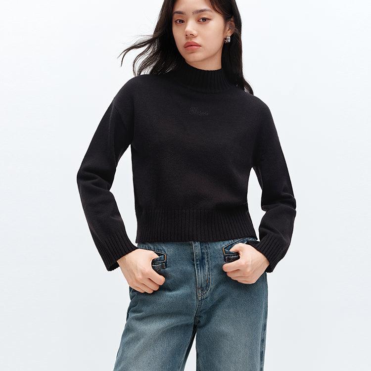 Women's Black Mock Neck Embroideried Pullover