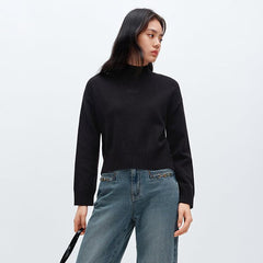 Women's Black Mock Neck Embroideried Pullover