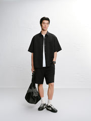 Men's Black Tonal Jacquard Short-Sleeve Shirt