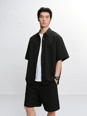 Men's Black Tonal Jacquard Short-Sleeve Shirt
