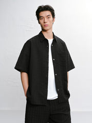 Men's Black Tonal Jacquard Short-Sleeve Shirt