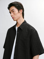Men's Black Tonal Jacquard Short-Sleeve Shirt