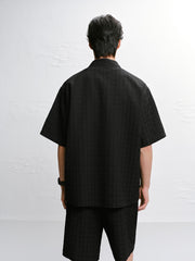 Men's Black Tonal Jacquard Short-Sleeve Shirt
