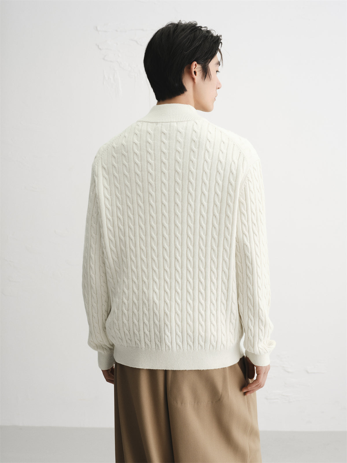 Men's Beige Wool-Blend Cable Knit Sweater
