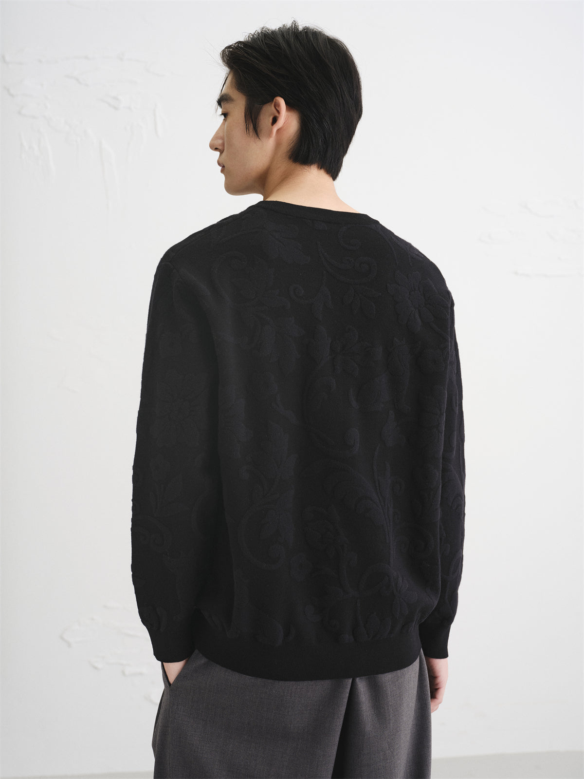 Men's Black Jacquard Textured Knit Sweater