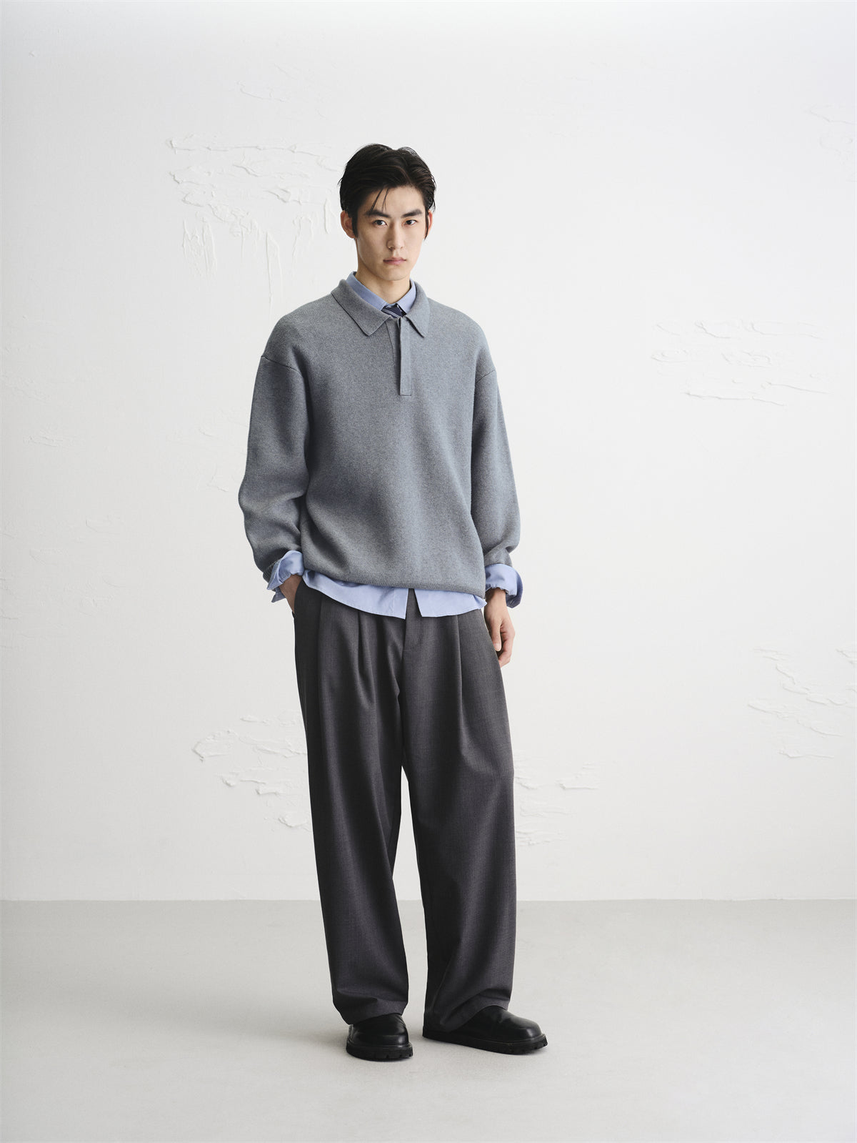 Men's Solid Color Polo-Collar Sweater