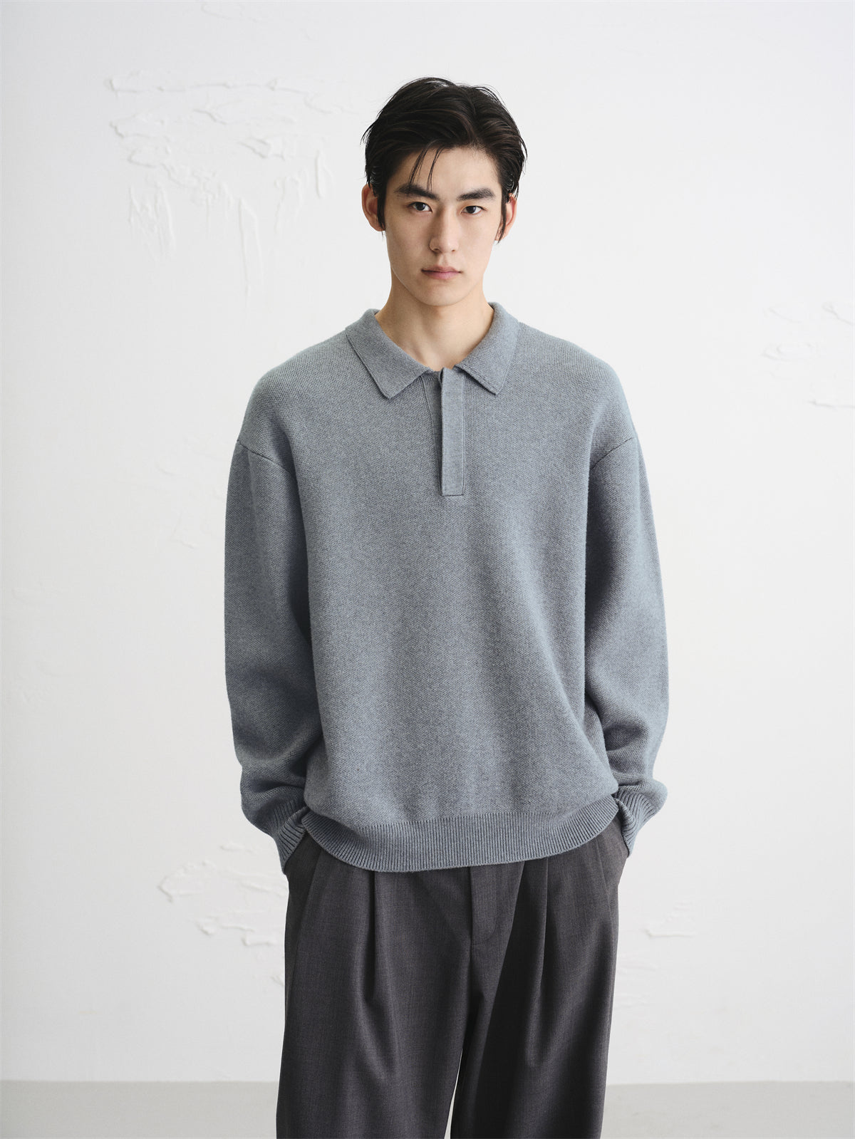 Men's Solid Color Polo-Collar Sweater