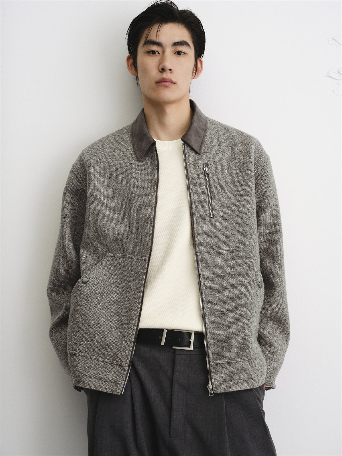 Men's Tweed Tailored Jacket with Faux Suede Collar