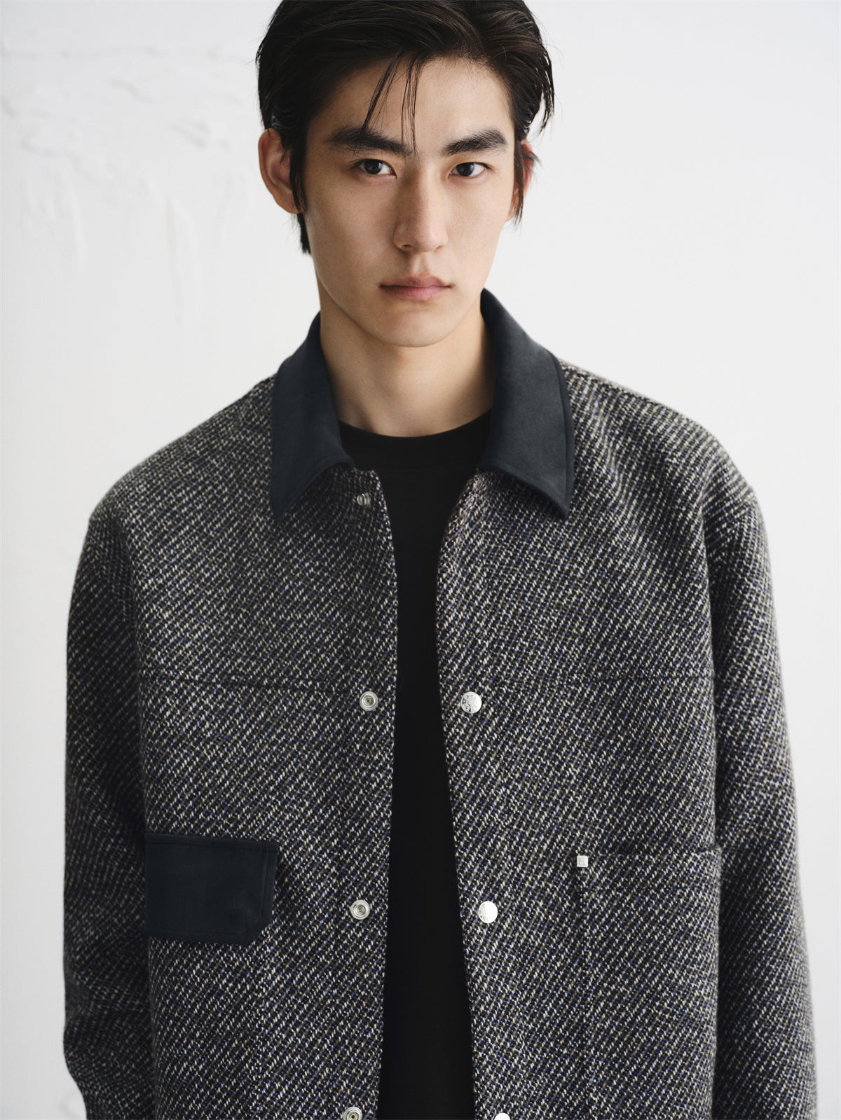 Men's Tweed-Texture Jacket with Suede Trim