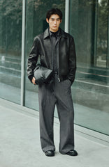 Men's Contrast Short Leather Bomber Jacket