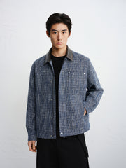 Men's Textured Tweed-Style Jacket with PU Collar
