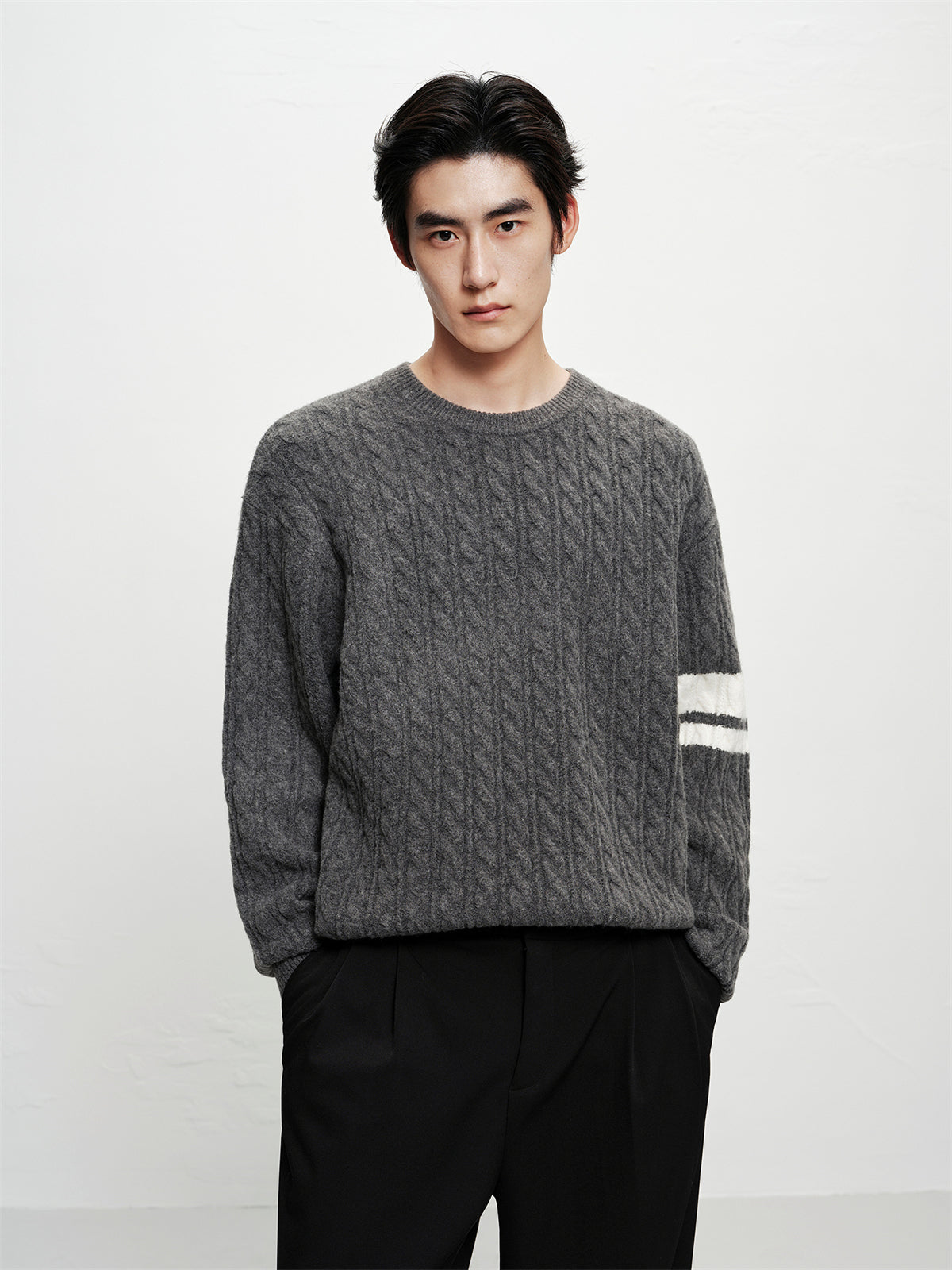 Men's Cable-Knit Contrast-Stripe Sweater