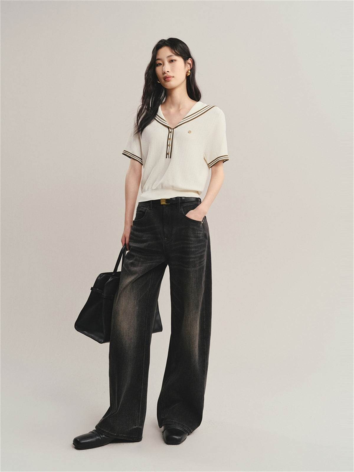 Women's Contrast-Trim Knit Top with Sailor Collar