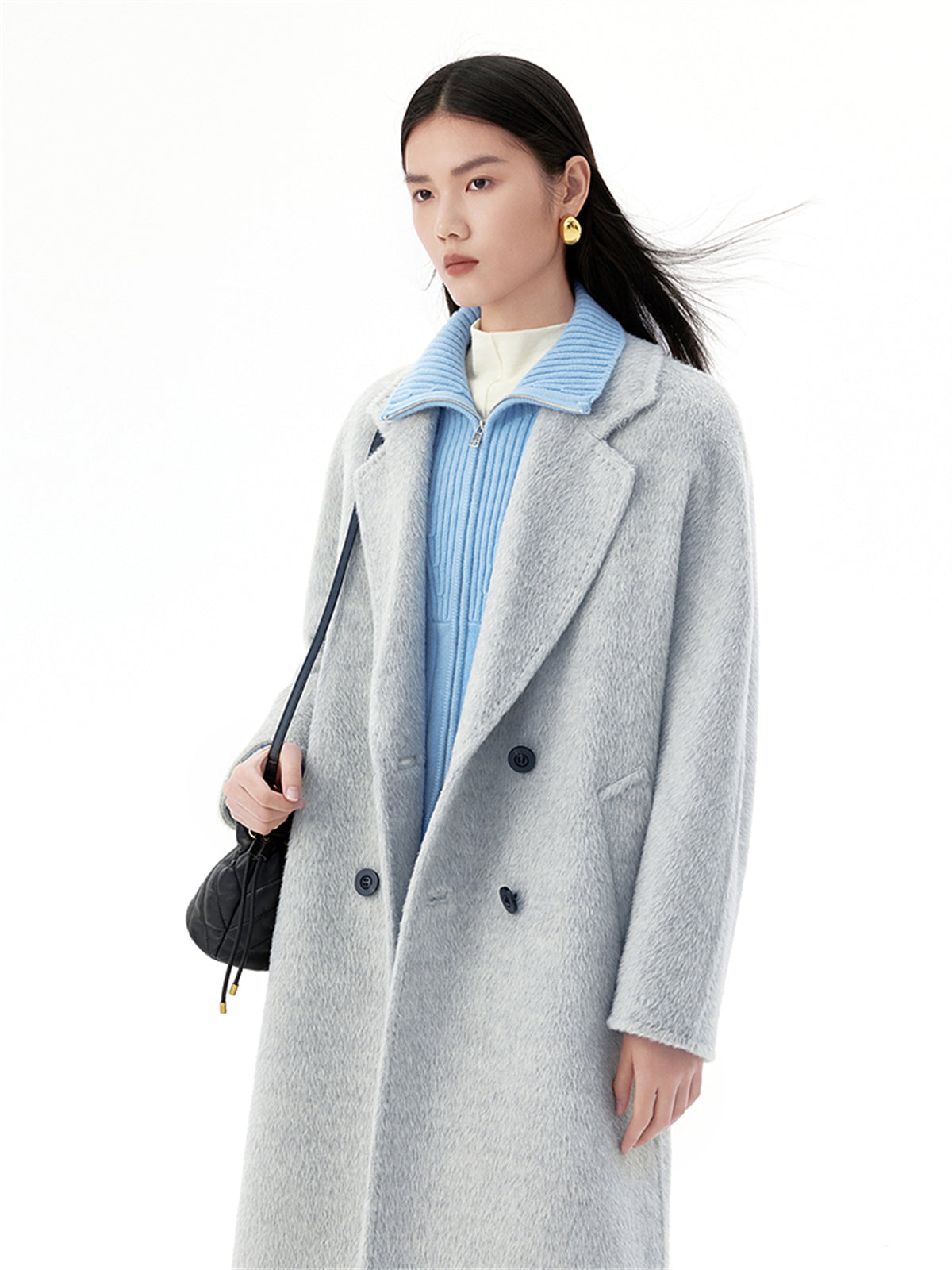 Women's Belted Double Breasted Wool Coat with Alpaca