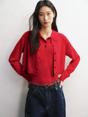 Women's Wool-Blend Polo Cardigan Set