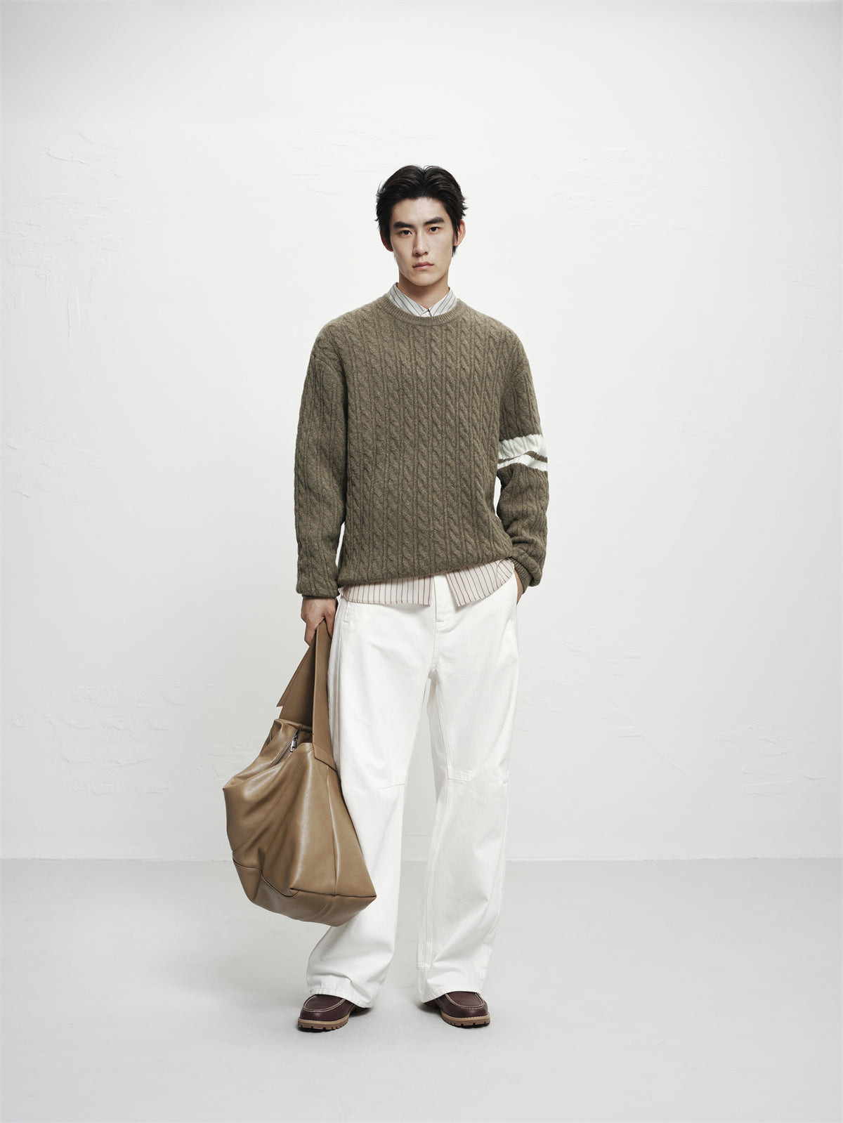 Men's Brown Cable-Knit Contrast-Stripe Sweater