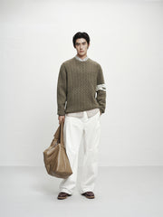 Men's Brown Cable-Knit Contrast-Stripe Sweater