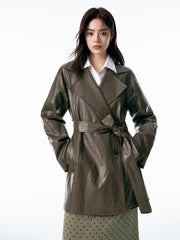 Women's Mid-Length Trench-Style PU Jacket