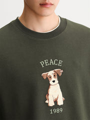 Men's Dark Green Heavyweight Dog Embroidery Sweatshirt