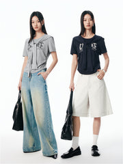 Women's Shirred Knit Top with Chenille Embroidery