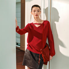 Women's V-Neck Cutout Tie-Detailed Statement Knit Top