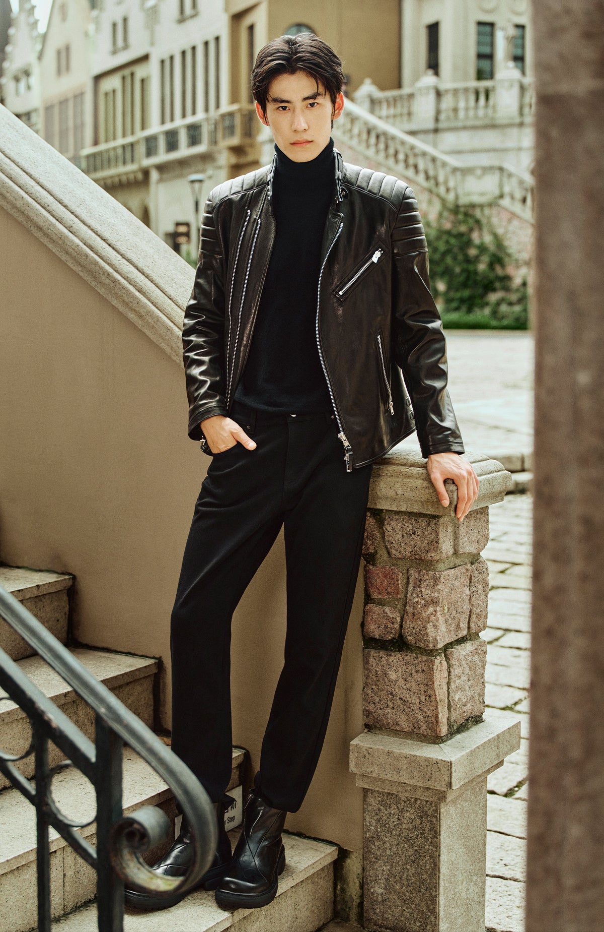 Men's Zip-Detail Moto Leather Jacket