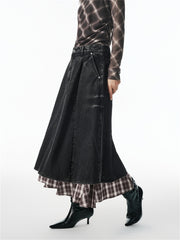 Women's A-Line Denim Skirt with Plaid Patchwork