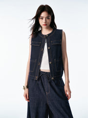 Women's Sleeveless Denim Vest with Contrast Stitching
