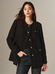 Women's Tweed-Texture Padded Jacket with Raw Edges