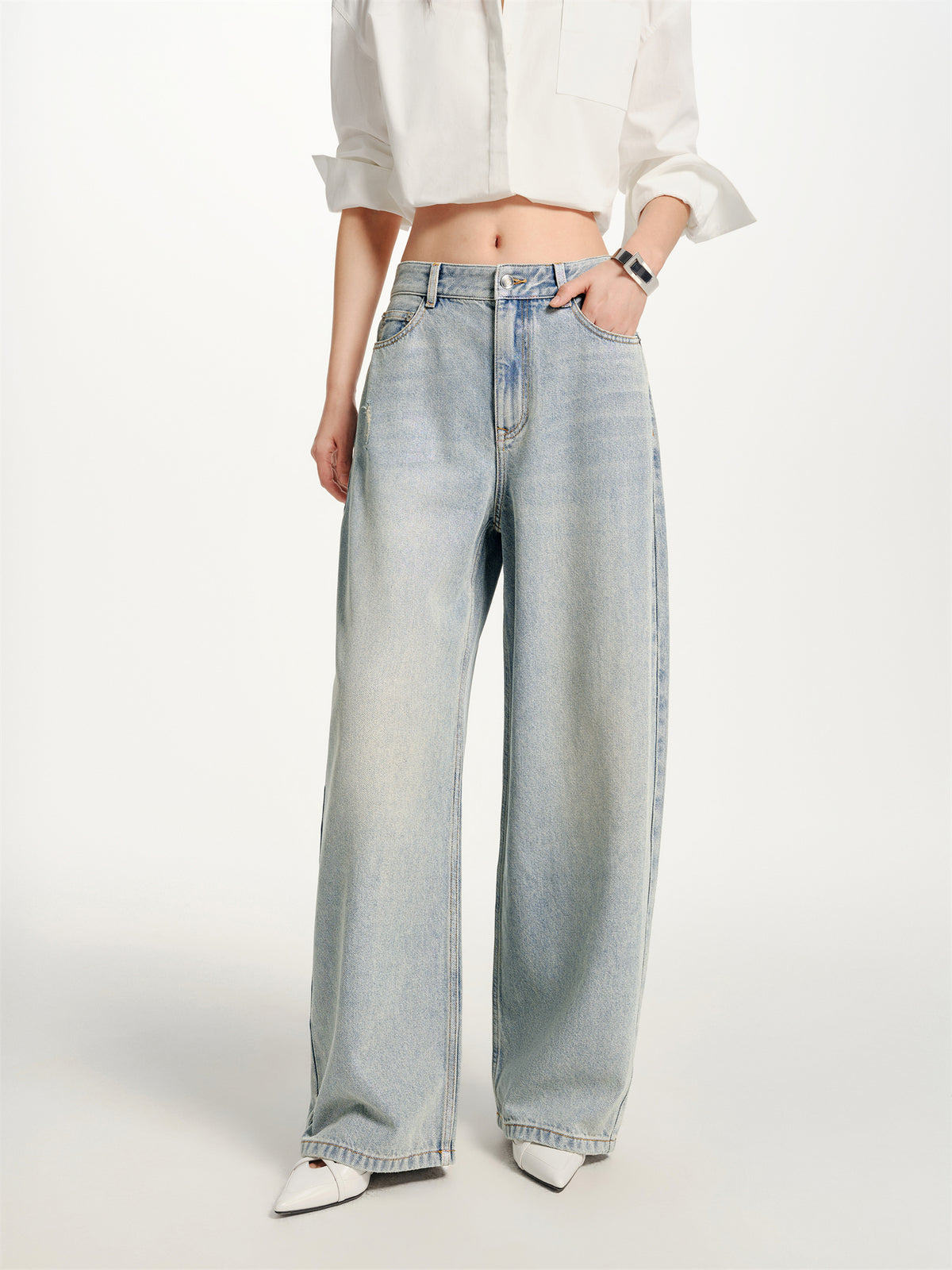 Women's Vintage Distressed Oversized Curved-Leg Pants