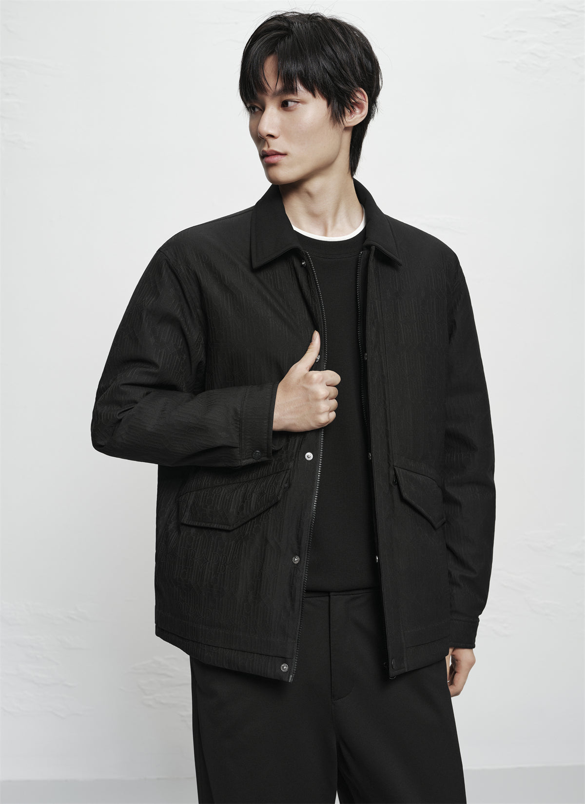 Men's Allover Black Tonal Jacquard Down Jacket