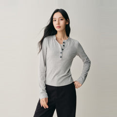 Women's Layered-Look Henley Top with Lace Panels