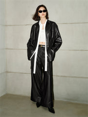 Women's PU Leather Trench-Style Long-Sleeve Shirt