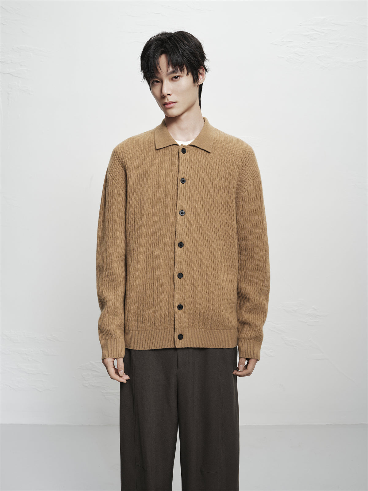 Men's Brown Textured Wool Knit Cardigan