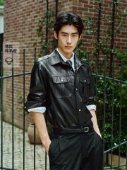 Men's Epaulet Shirt-Style Leather Jacket