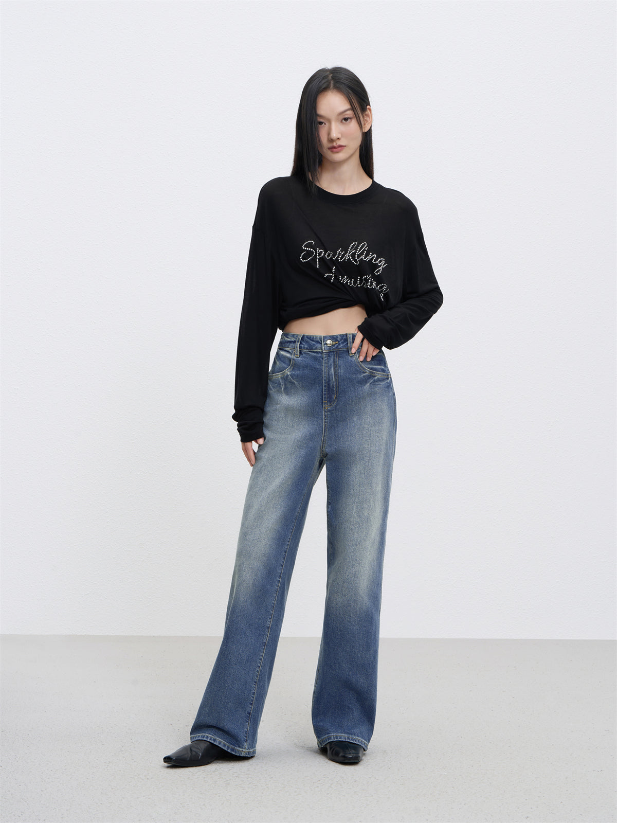 Women's High Waist Washed Straight Jeans