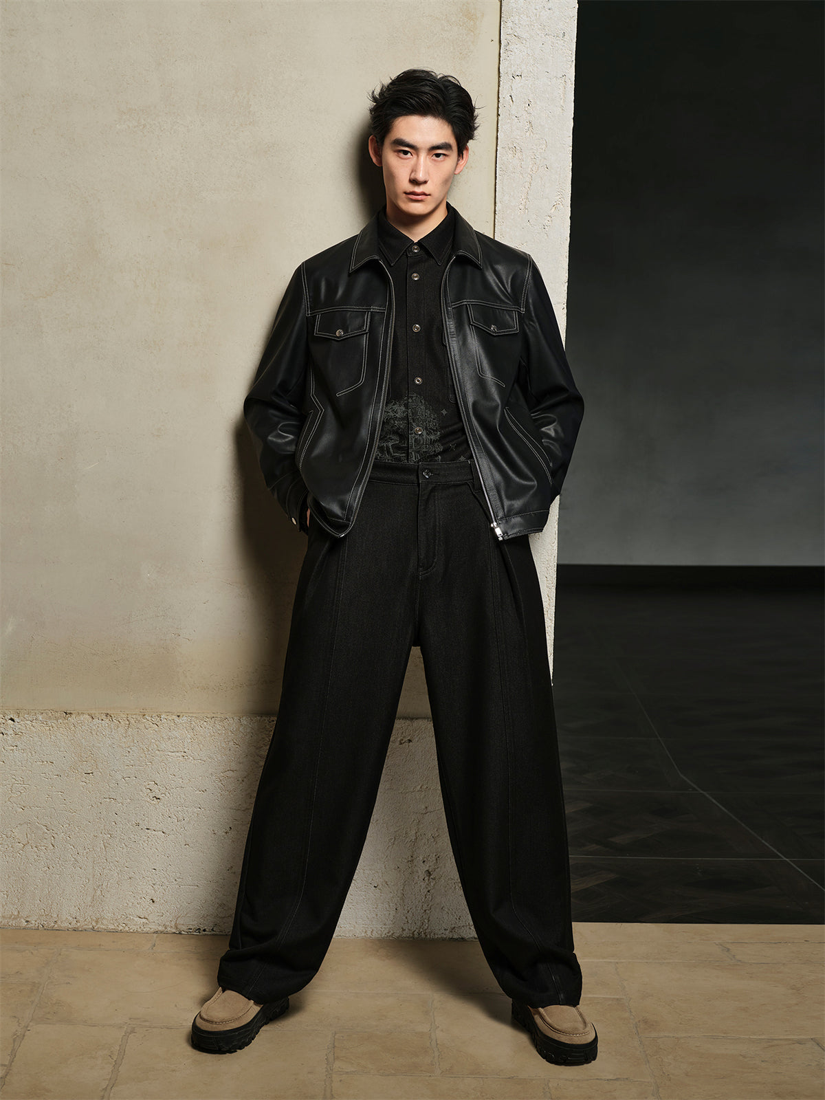 Men's Contrast-Stitch PU Leather Jacket