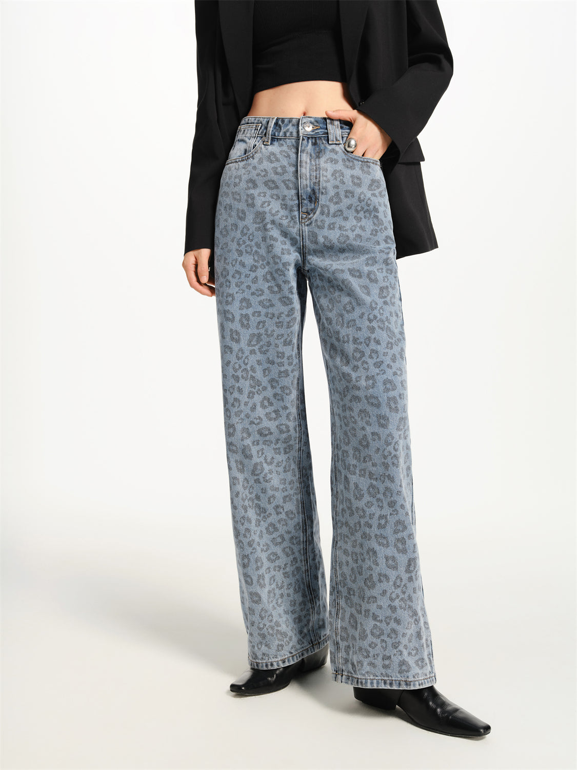 Women's High-Waist Leopard-Print Straight-Leg Jeans