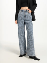 Women's High-Waist Leopard-Print Straight-Leg Jeans