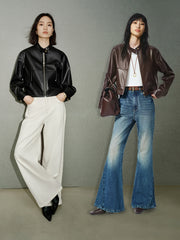 Women's Cropped Stand-Collar Moto PU Jacket