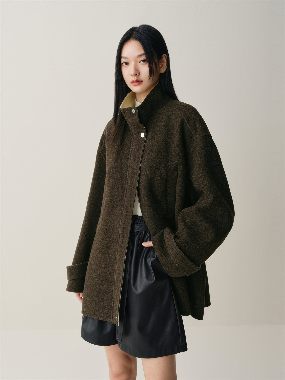 Women's Short Stand-Collar Double-Face Wool Coat