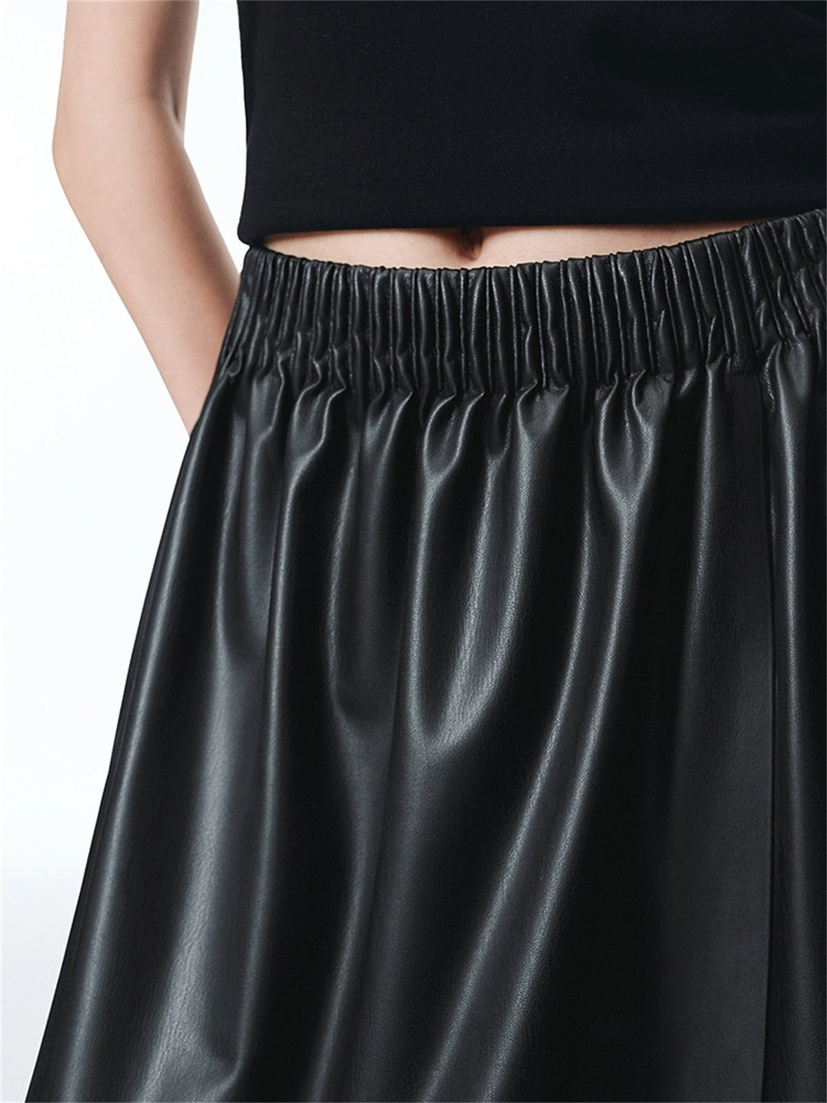 Women's PU Mid-Length Skirt with Elastic Waist
