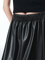 Women's PU Mid-Length Skirt with Elastic Waist