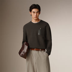Men's Solid Knit Sweater with PU Pocket