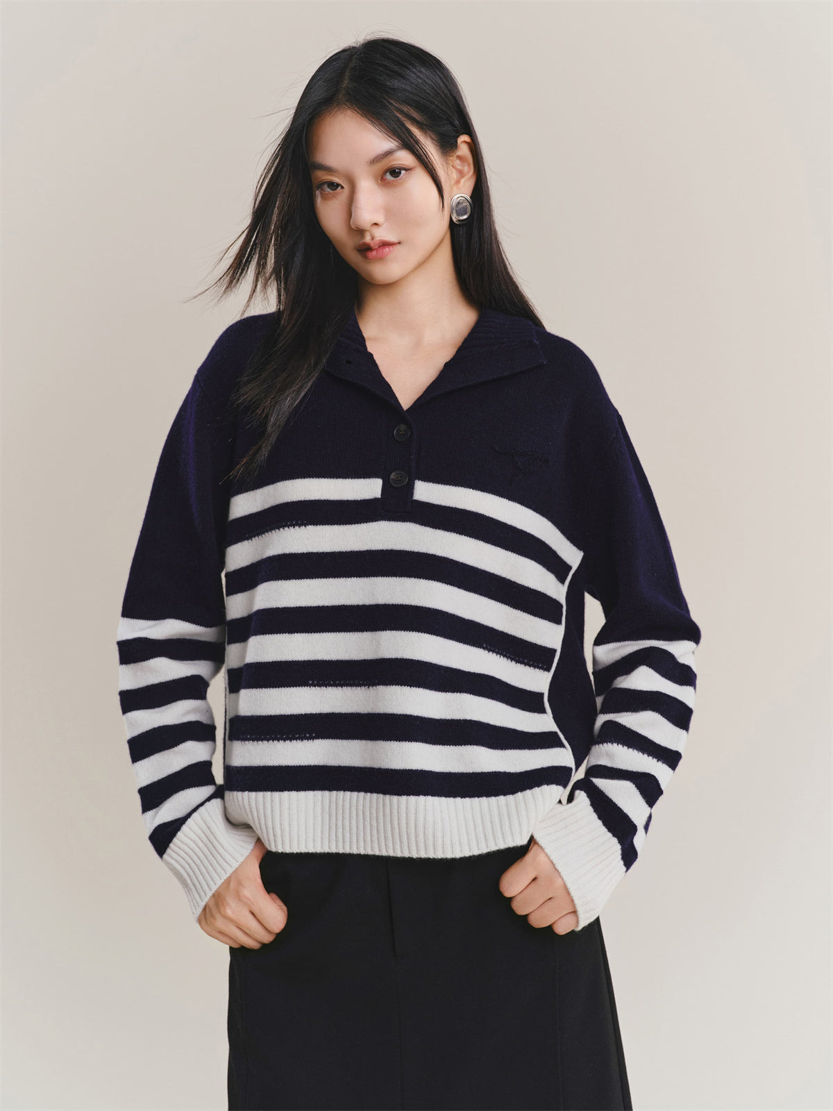 Women's Pure Wool Mock-Neck Striped Sweater