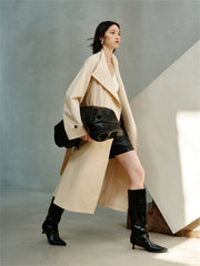 Women's Beige Asymmetric Oversized Belted Trench Coat