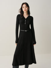 Women's Black Mid-Length Knit Dress with Belt