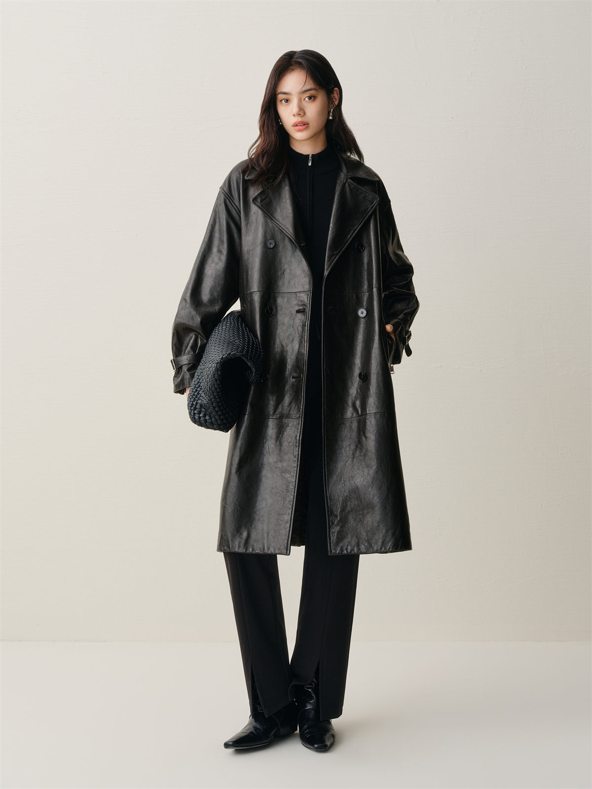 Women's Long Double-Breasted Leather Trench Coat